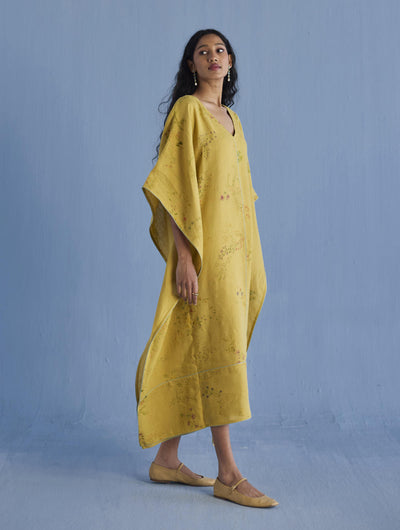 Eva Floral Linen Kaftan Dress - Ochre