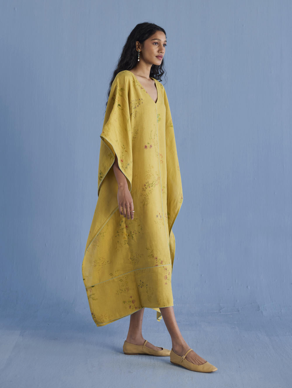 Eva Floral Linen Kaftan Dress - Ochre