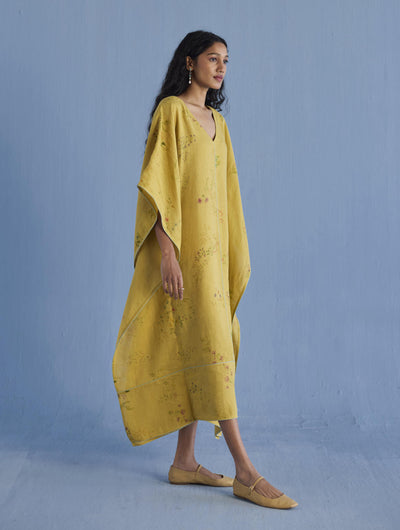 Eva Floral Linen Kaftan Dress - Ochre