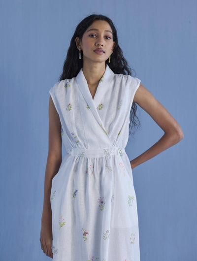 Mema Shawl Collar Printed Linen Dress - White