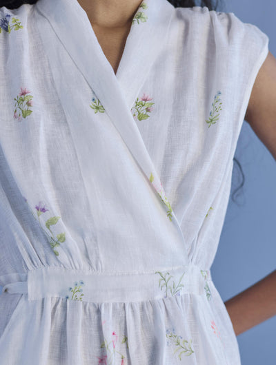 Mema Shawl Collar Printed Linen Dress - White