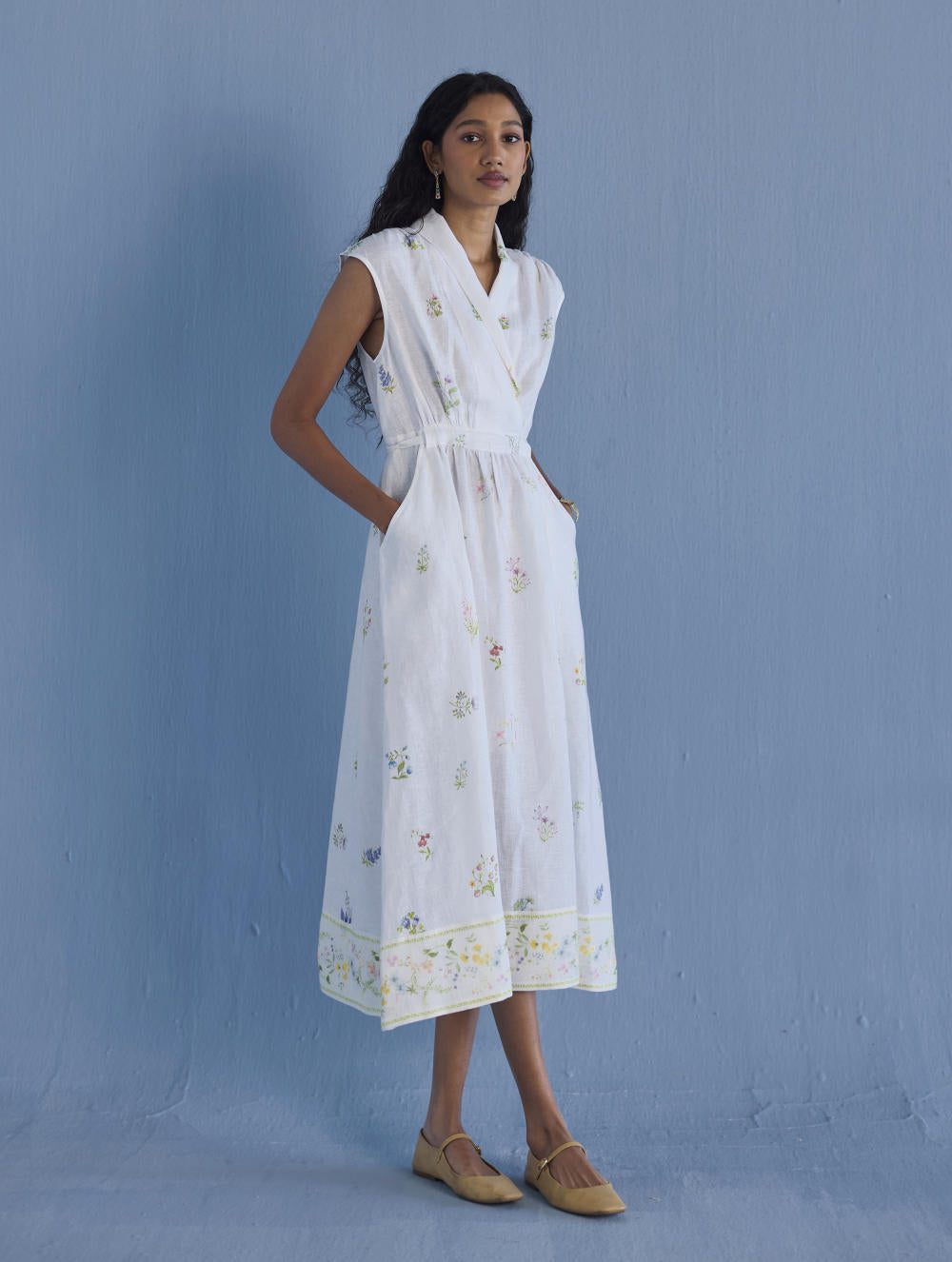 Mema Shawl Collar Printed Linen Dress - White