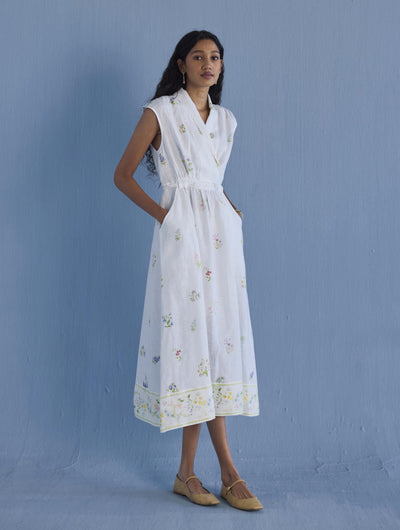 Mema Shawl Collar Printed Linen Dress - White