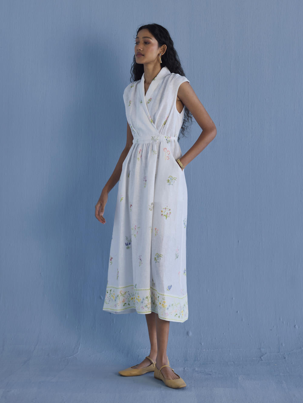 Mema Shawl Collar Printed Linen Dress - White
