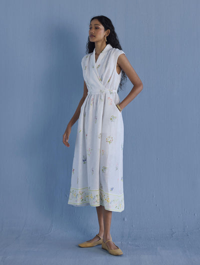 Mema Shawl Collar Printed Linen Dress - White
