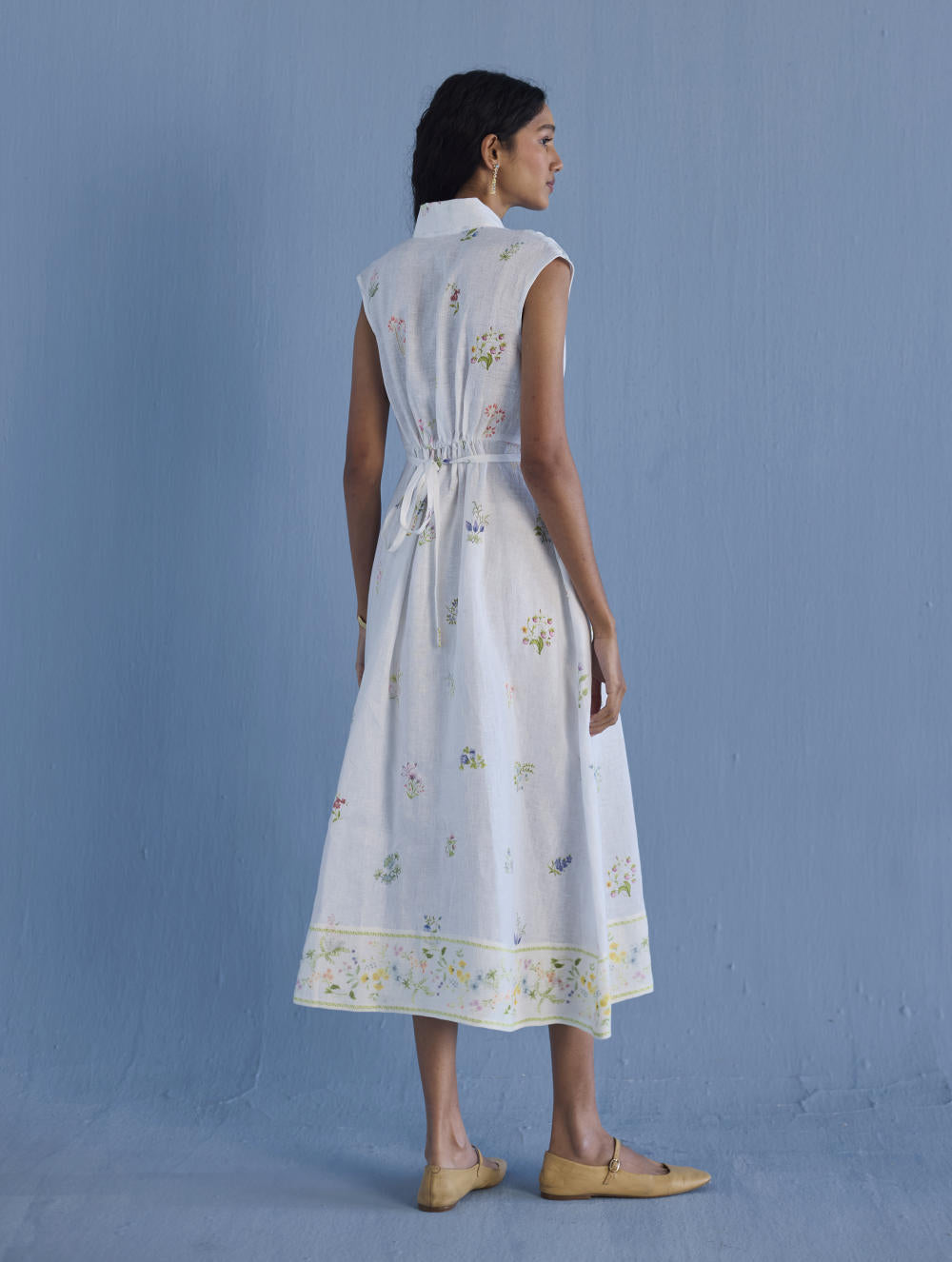 Mema Shawl Collar Printed Linen Dress - White