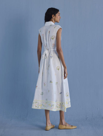 Mema Shawl Collar Printed Linen Dress - White
