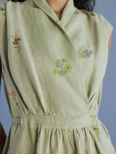 Mema Shawl Collar Printed Linen Dress - Mint
