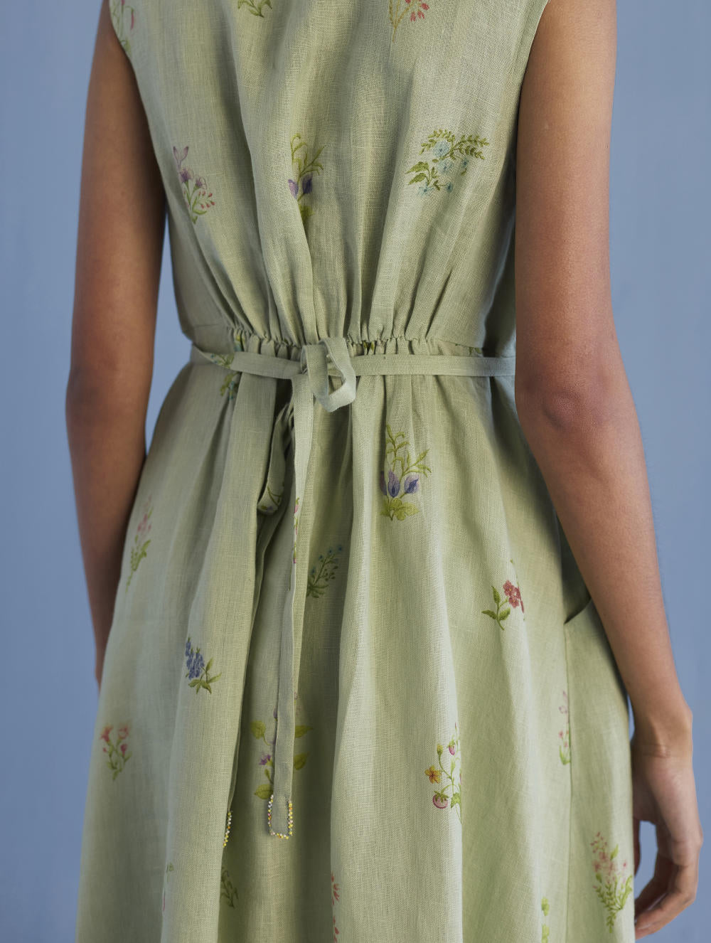 Mema Shawl Collar Printed Linen Dress - Mint