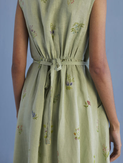 Mema Shawl Collar Printed Linen Dress - Mint