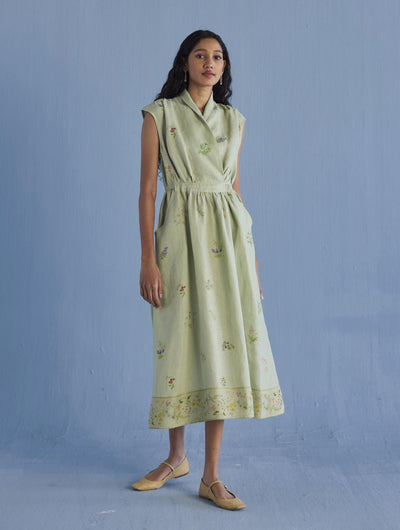Mema Shawl Collar Printed Linen Dress - Mint