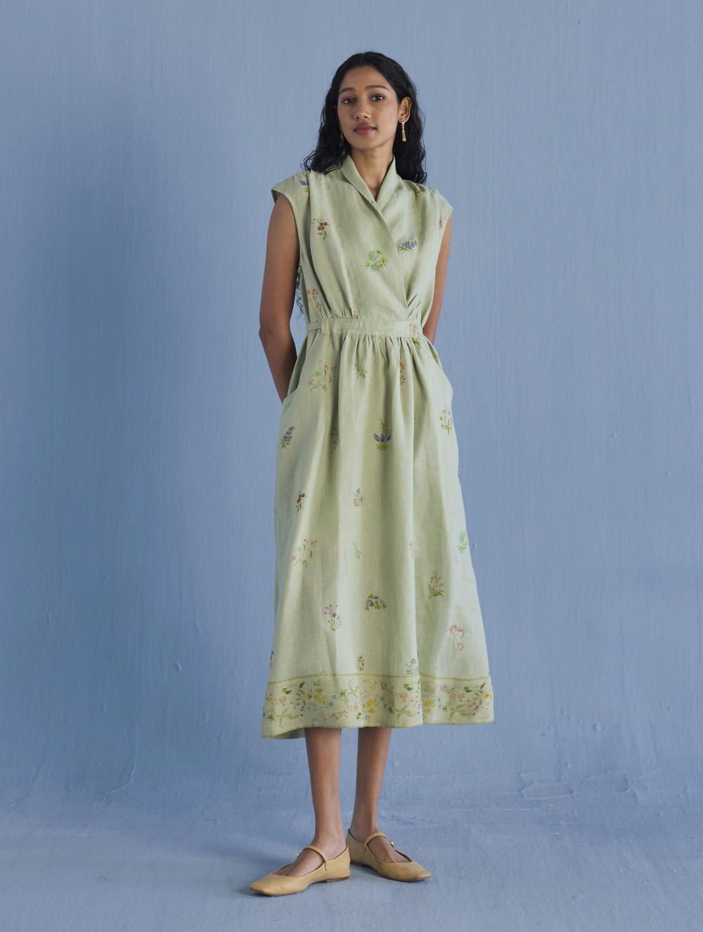 Mema Shawl Collar Printed Linen Dress - Mint