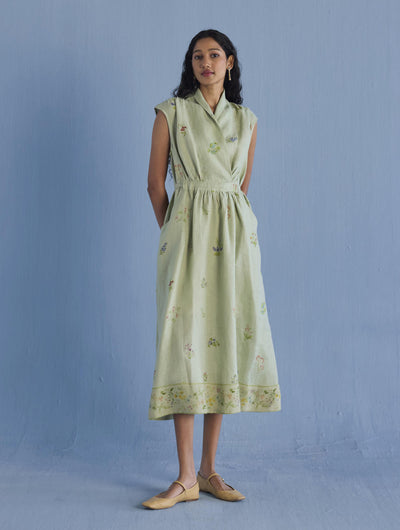 Mema Shawl Collar Printed Linen Dress - Mint