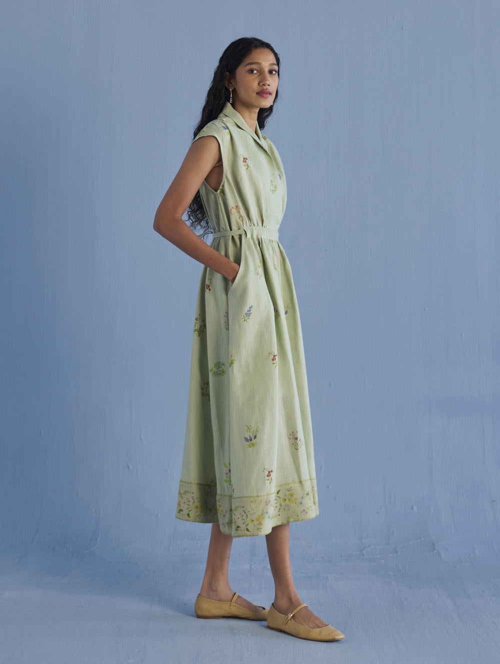 Mema Shawl Collar Printed Linen Dress - Mint