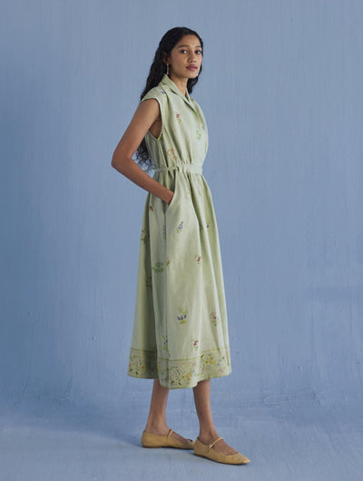 Mema Shawl Collar Printed Linen Dress - Mint