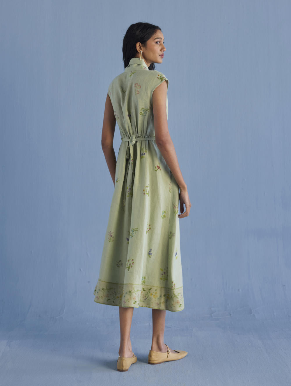 Mema Shawl Collar Printed Linen Dress - Mint