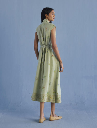 Mema Shawl Collar Printed Linen Dress - Mint