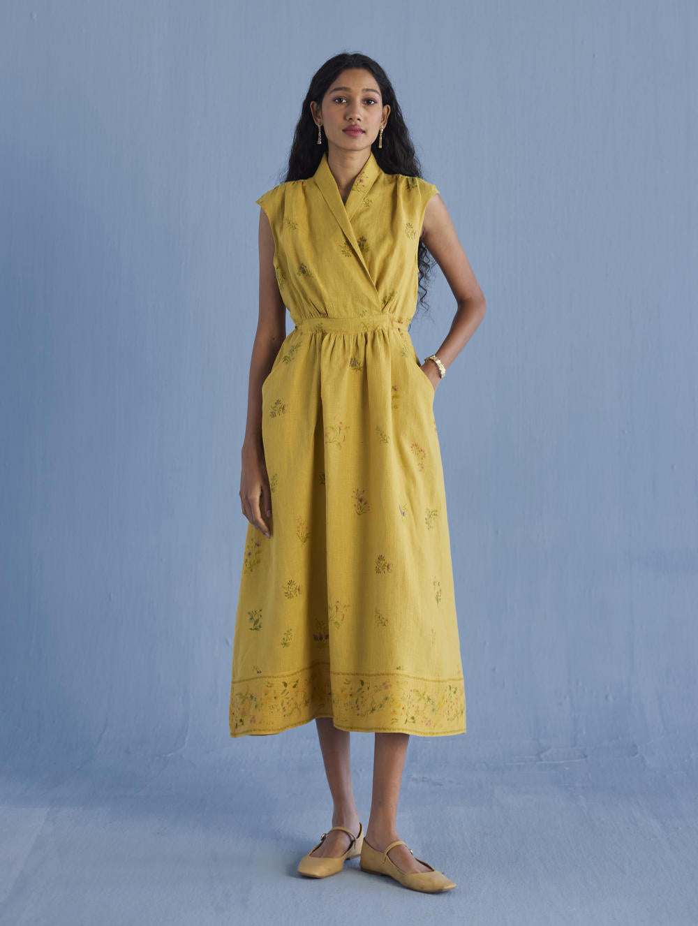 Mema Shawl Collar Printed Linen Dress - Ochre