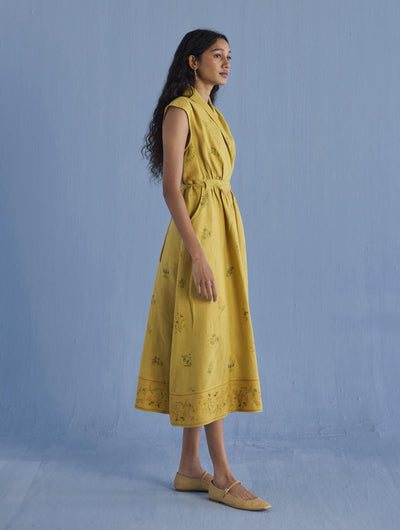 Mema Shawl Collar Printed Linen Dress - Ochre
