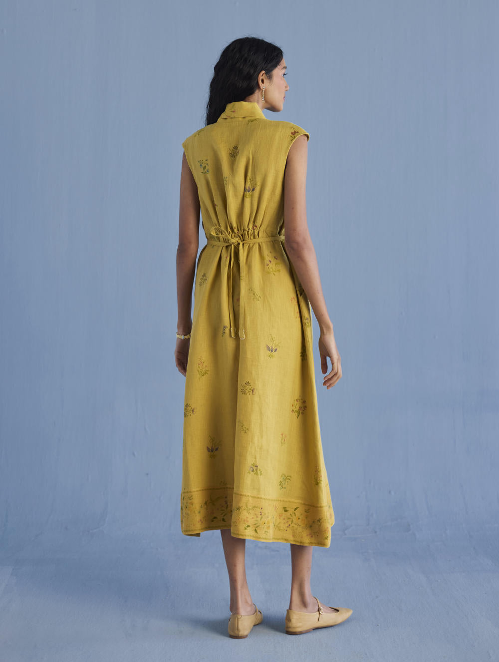 Mema Shawl Collar Printed Linen Dress - Ochre