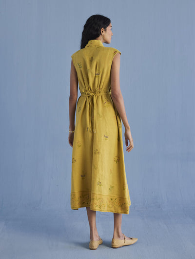 Mema Shawl Collar Printed Linen Dress - Ochre