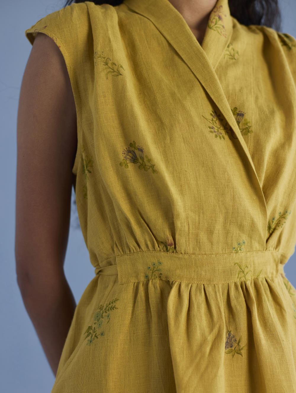 Mema Shawl Collar Printed Linen Dress - Ochre