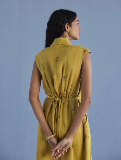 Mema Shawl Collar Printed Linen Dress - Ochre
