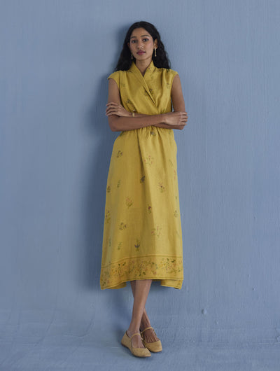 Mema Shawl Collar Printed Linen Dress - Ochre