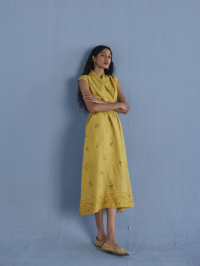 Mema Shawl Collar Printed Linen Dress - Ochre