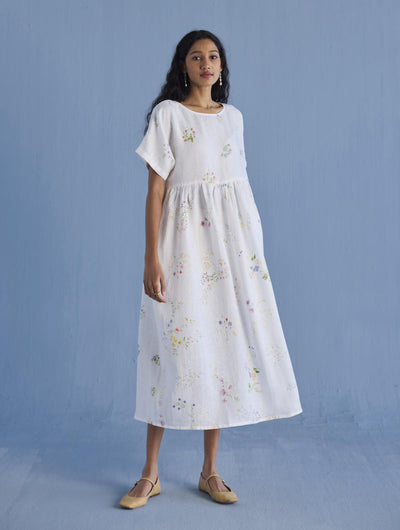 Rasa Floral Printed Sheer Linen Dress - White