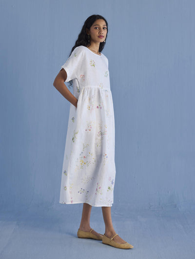 Rasa Floral Printed Sheer Linen Dress - White