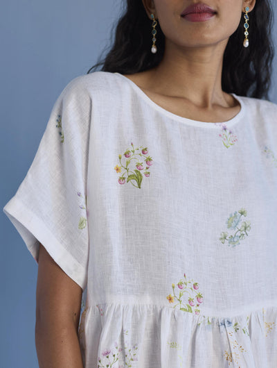 Rasa Floral Printed Sheer Linen Dress - White