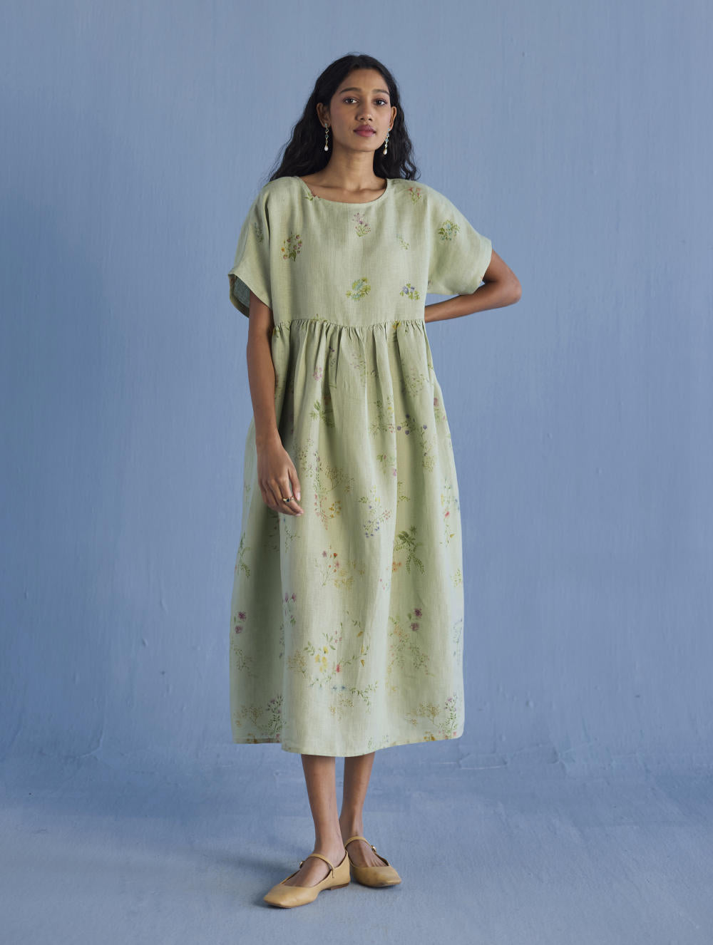 Rasa Floral Printed Sheer Linen Dress - Mint
