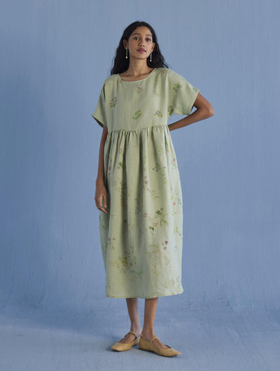 Rasa Floral Printed Sheer Linen Dress - Mint