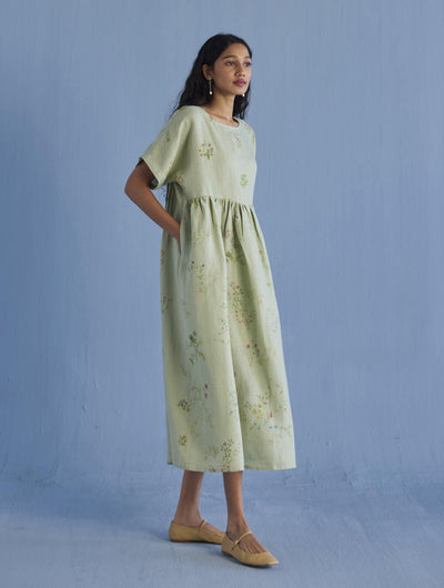 Rasa Floral Printed Sheer Linen Dress - Mint