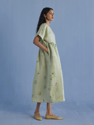 Rasa Floral Printed Sheer Linen Dress - Mint
