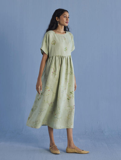 Rasa Floral Printed Sheer Linen Dress - Mint