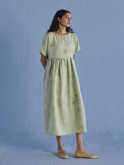 Rasa Floral Printed Sheer Linen Dress - Mint