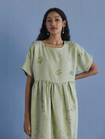 Rasa Floral Printed Sheer Linen Dress - Mint