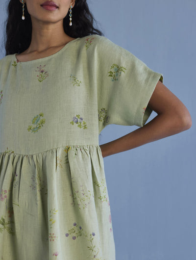 Rasa Floral Printed Sheer Linen Dress - Mint