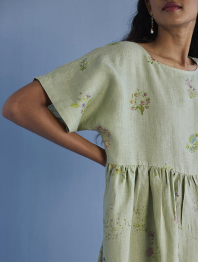 Rasa Floral Printed Sheer Linen Dress - Mint