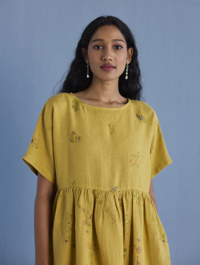 Rasa Floral Printed Sheer Linen Dress - Ochre