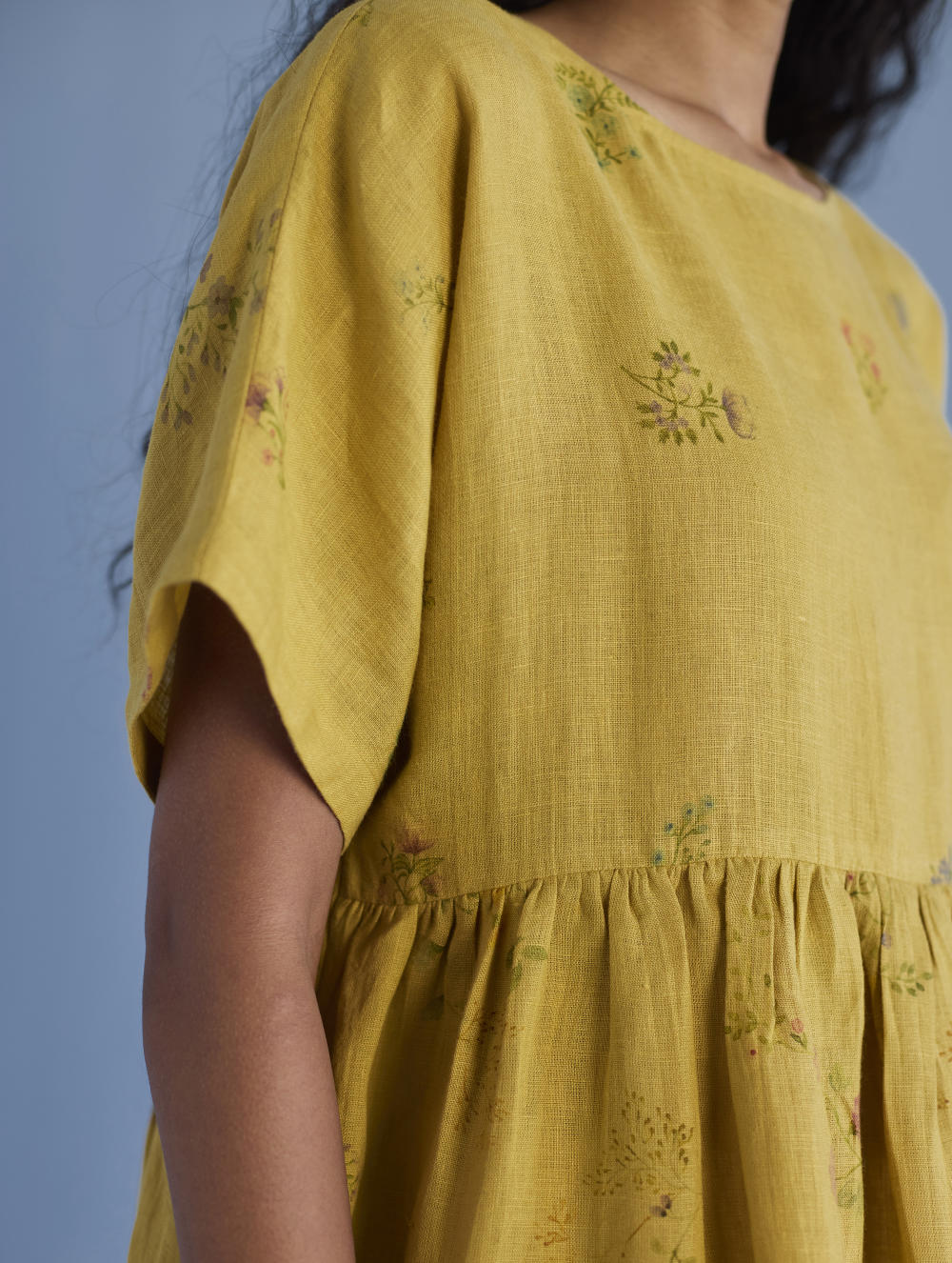 Rasa Floral Printed Sheer Linen Dress - Ochre
