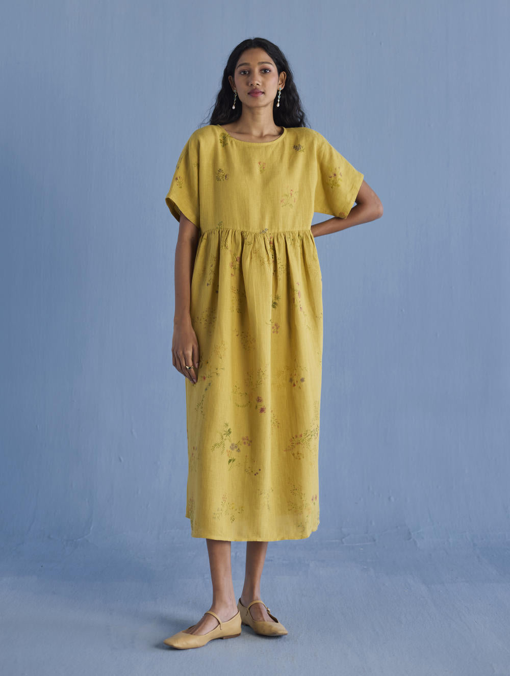 Rasa Floral Printed Sheer Linen Dress - Ochre