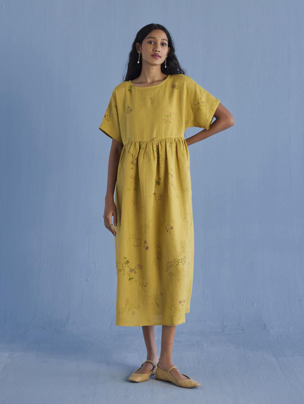 Rasa Floral Printed Sheer Linen Dress - Ochre