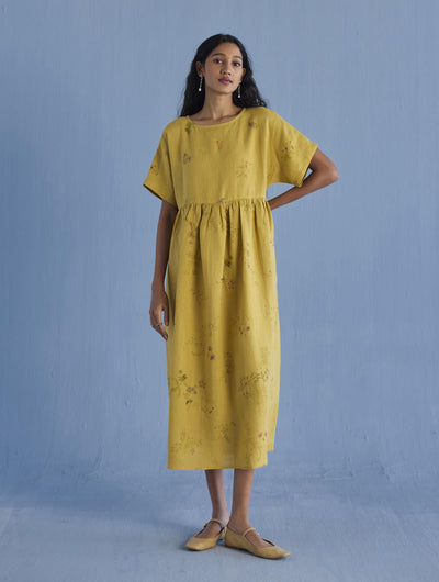 Rasa Floral Printed Sheer Linen Dress - Ochre