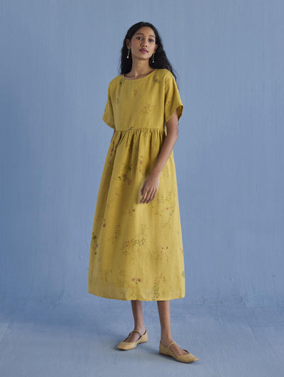 Rasa Floral Printed Sheer Linen Dress - Ochre