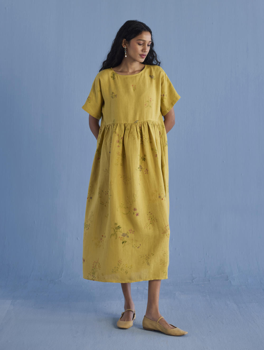 Rasa Floral Printed Sheer Linen Dress - Ochre