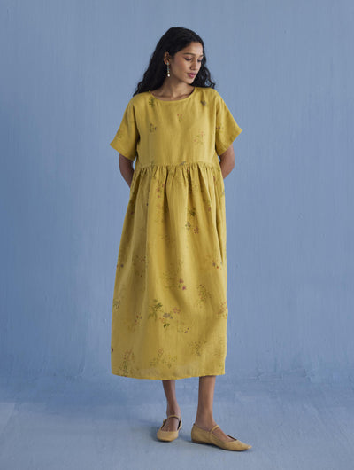 Rasa Floral Printed Sheer Linen Dress - Ochre