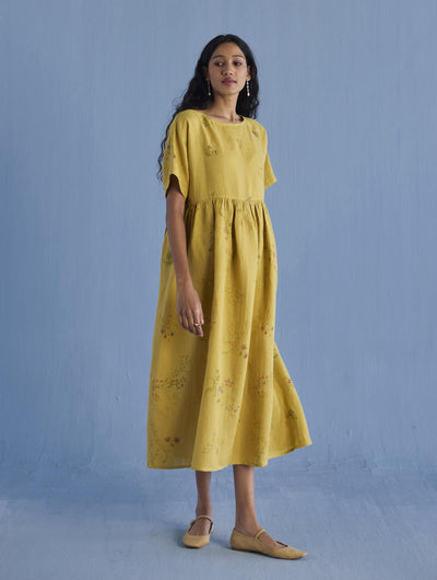 Rasa Floral Printed Sheer Linen Dress - Ochre